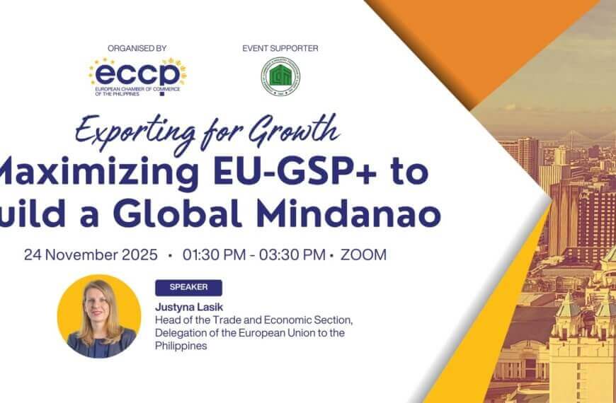 webinar banner: maximizing eu gsp+ to build a global mindanao, with event details and speaker photo.