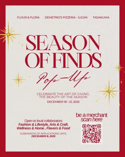 red and white event flyer for “season of finds pop up” in iligan, featuring crafts, food, gold stars, and a qr code.