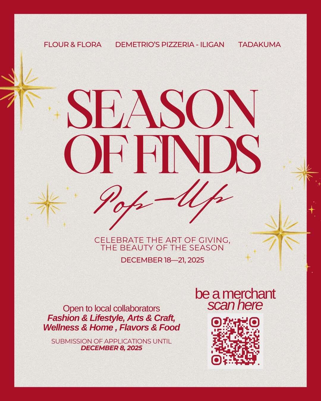 red and white event flyer for “season of finds pop up” in iligan, featuring crafts, food, gold stars, and a qr code.
