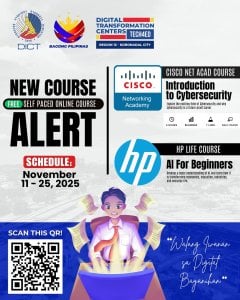 a student uses a laptop as digital icons float around; text promotes cybersecurity and ai courses, november 2025.