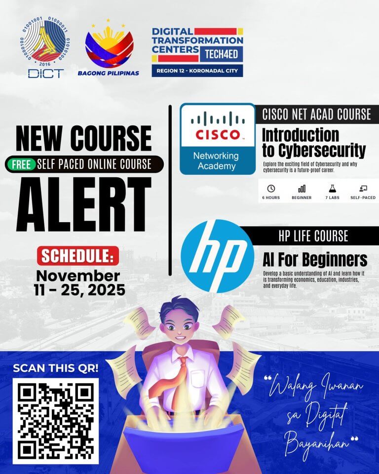 a student uses a laptop as digital icons float around; text promotes cybersecurity and ai courses, november 2025.