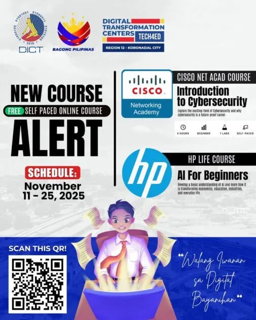 a student uses a laptop as digital icons float around; text promotes cybersecurity and ai courses, november 2025.