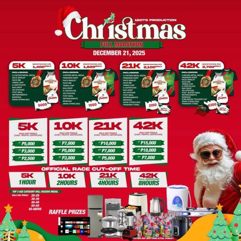 christmas marathon event poster with race details, prizes, race kits, and a dog in sunglasses and santa hat.