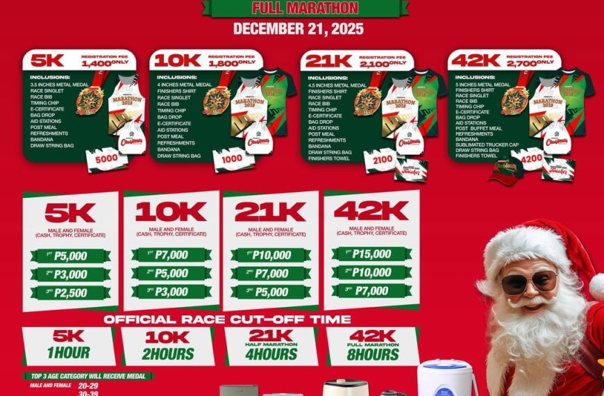 christmas marathon event poster with race details, prizes, race kits, and a dog in sunglasses and santa hat.