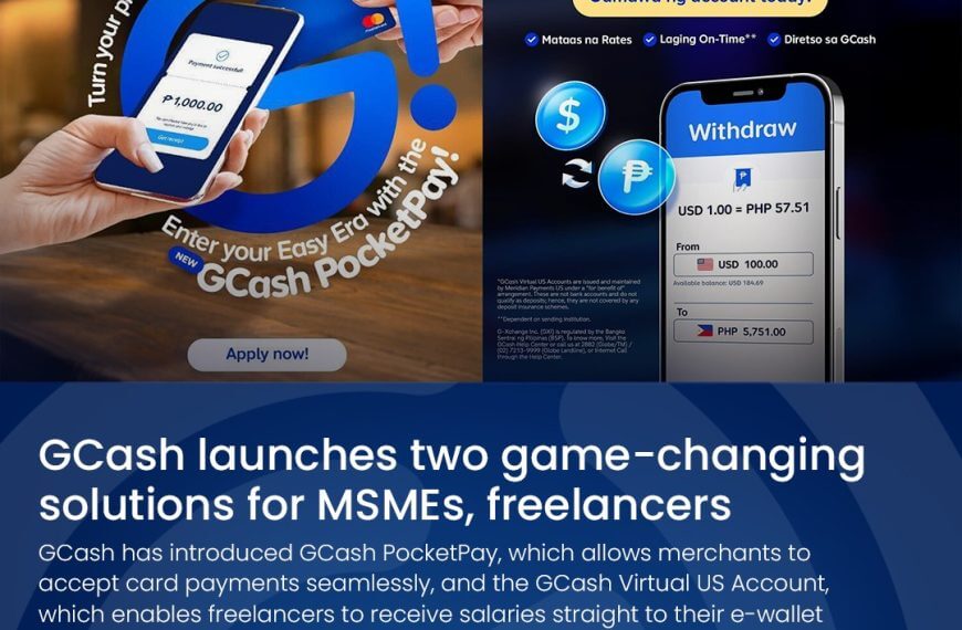 a smartphone is tapped on a card reader, with gcash app screens and text about new msme payment solutions.
