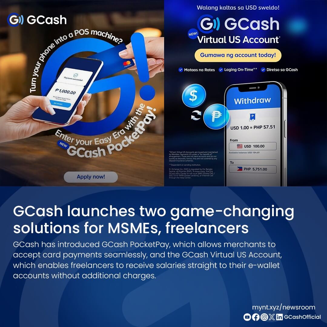 a smartphone is tapped on a card reader, with gcash app screens and text about new msme payment solutions.