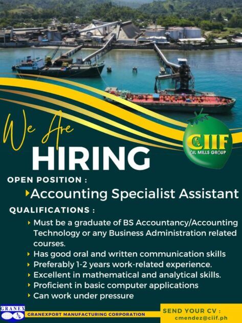 job ad for ciif oil mills group hiring an accounting specialist assistant, listing required qualifications.