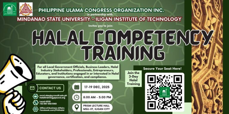 halal competency training event poster with certification details, date, venue, governance info, and islamic patterns.