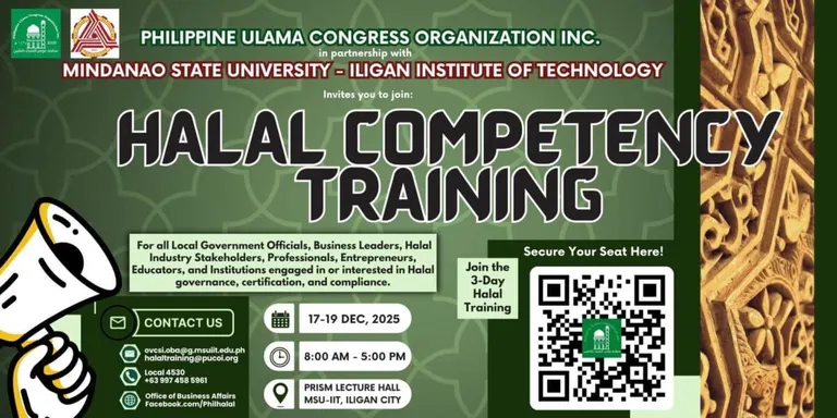 halal competency training event poster with certification details, date, venue, governance info, and islamic patterns.