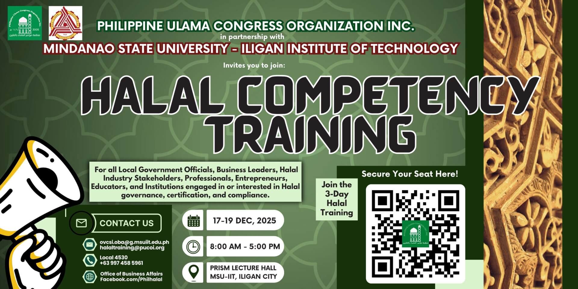halal competency training event poster with certification details, date, venue, governance info, and islamic patterns.
