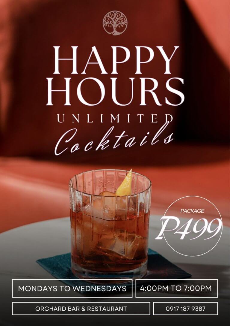 a cocktail with an orange twist on a table, with text offering unlimited cocktails for ₱499 at happy hour.
