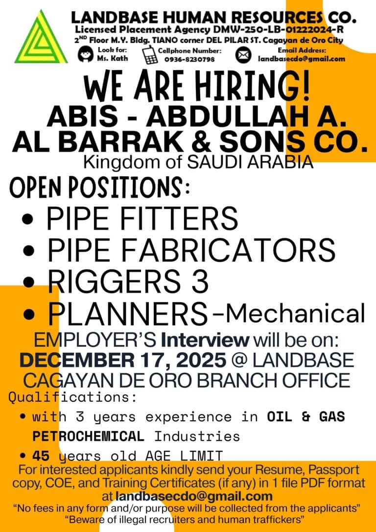 job hiring poster for abdullah a. al barrak & sons co. in saudi arabia listing pipe and rigging jobs.
