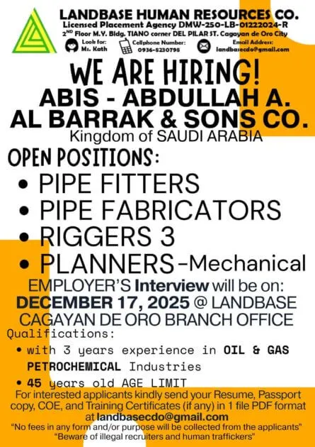 job hiring poster for abdullah a. al barrak & sons co. in saudi arabia listing pipe and rigging jobs.