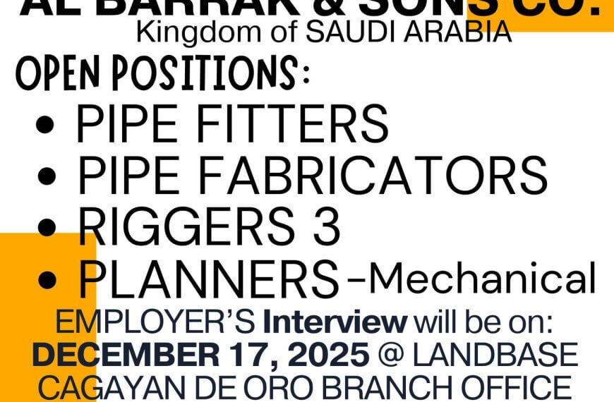 job hiring poster for abdullah a. al barrak & sons co. in saudi arabia listing pipe and rigging jobs.