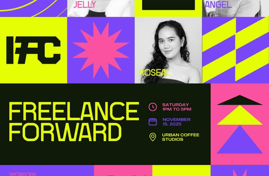 colorful event poster featuring three women, bold shapes, and details for freelance forward on november 15, 2025.