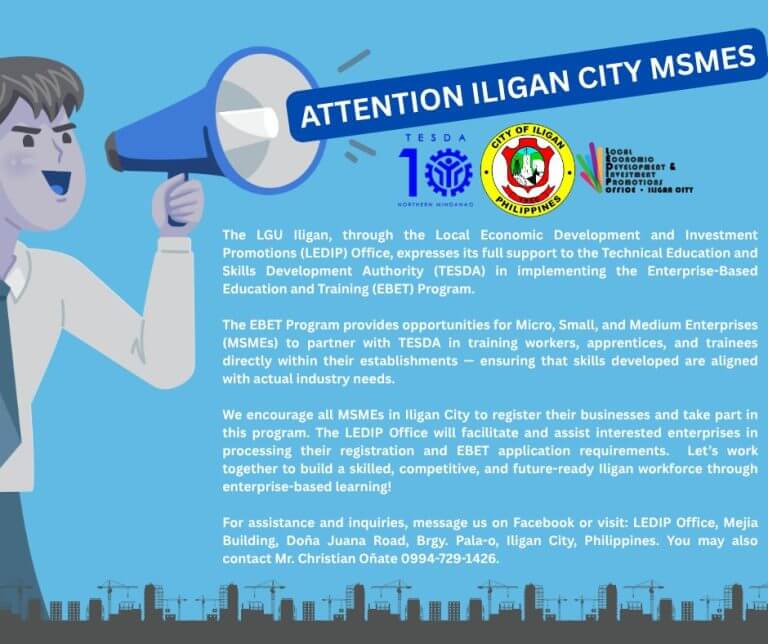a blue themed graphic with a megaphone cartoon and iligan city seal, announcing msme business support program details.