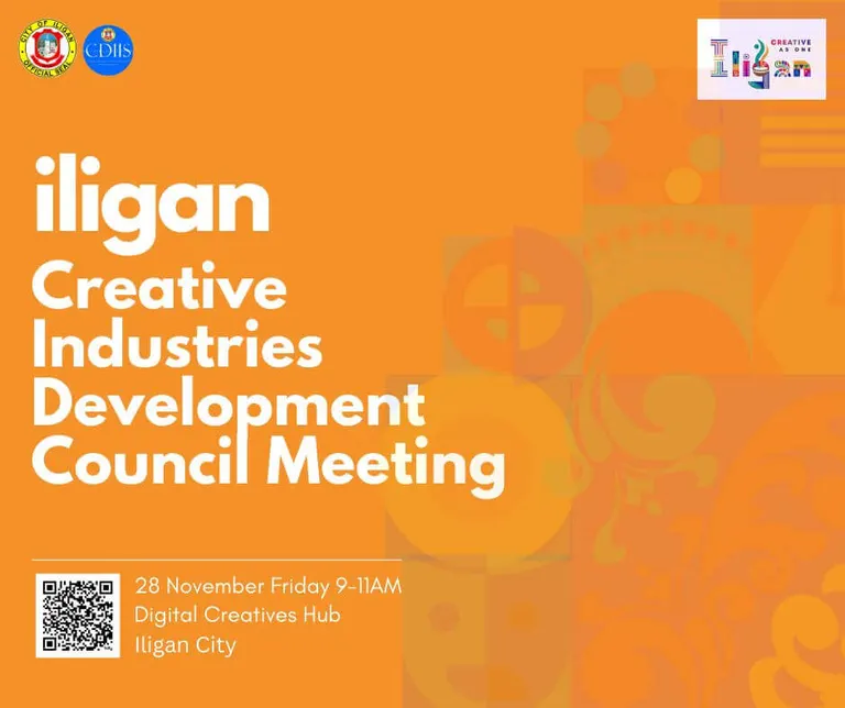 orange poster for iligan creative industries council meeting, with event details and colorful abstract designs.
