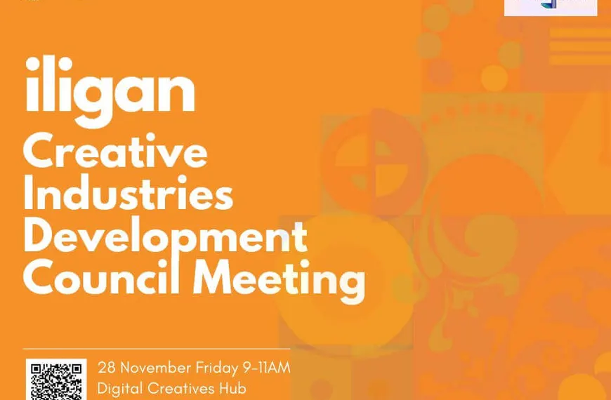 orange poster for iligan creative industries council meeting, with event details and colorful abstract designs.