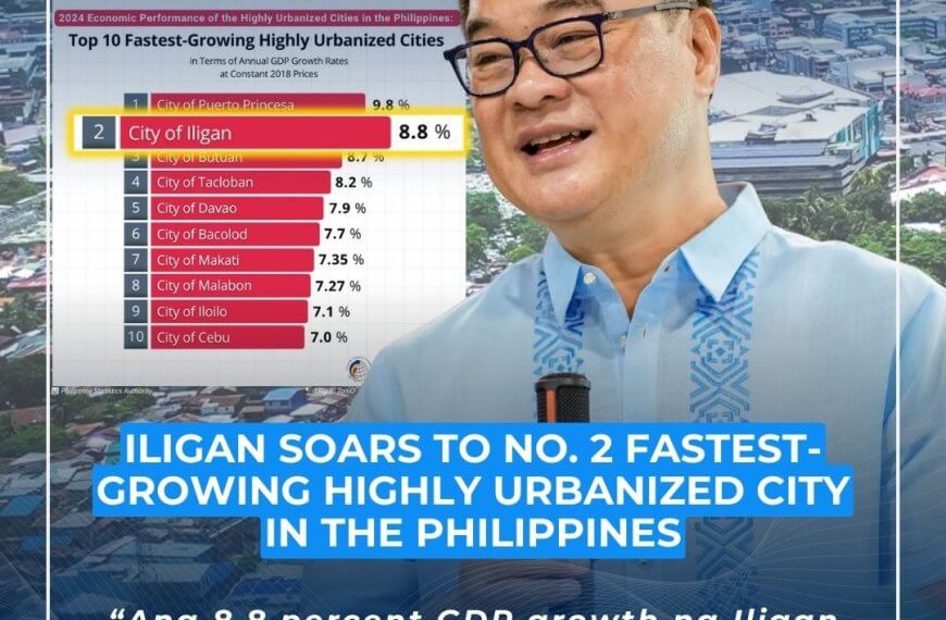 mayor frederick siao speaks; a chart shows iligan as the 2nd fastest growing philippine city at 8.8% gdp growth.