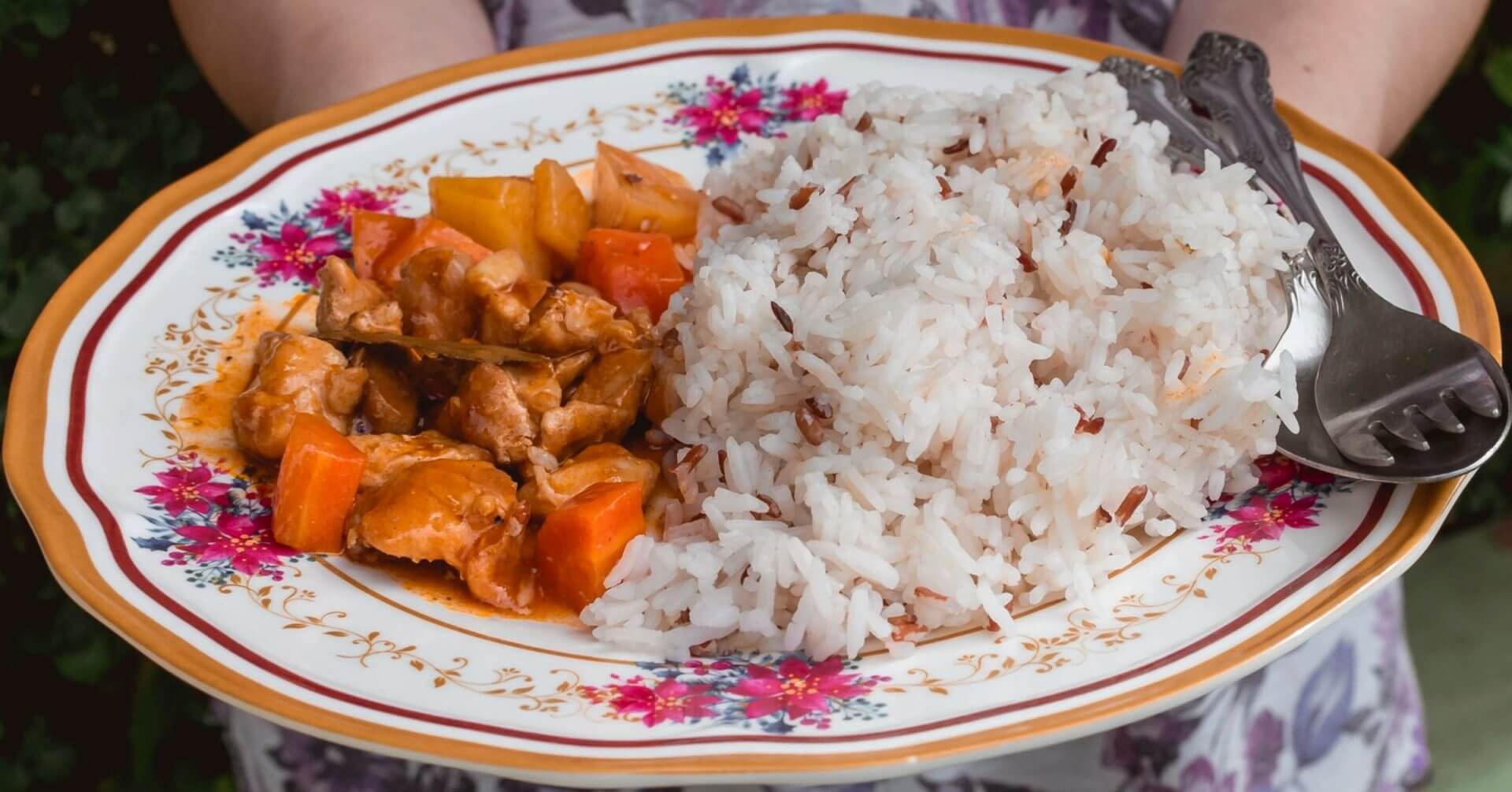 a floral plate of white rice and chicken stew with veggies—a must try food from iligan city foods.