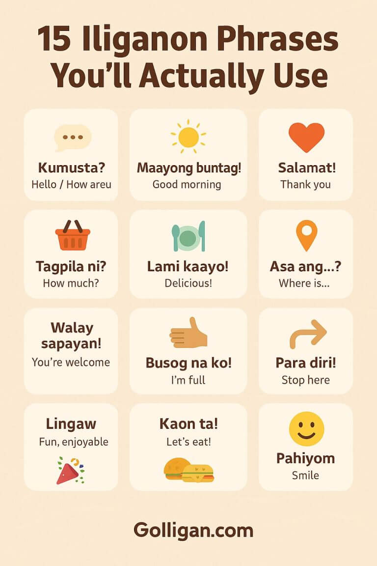 a chart with 15 iliganon words, each shown with icons and english translations on a beige background.