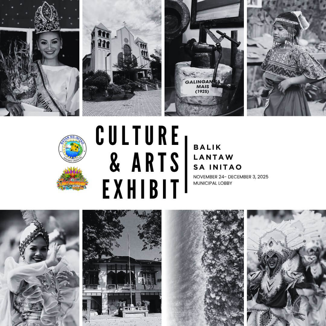 black and white collage of filipino cultural dances, costumes, landmarks, and local crafts for an arts exhibit.