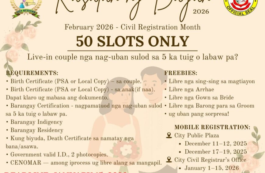event poster for kasalan ng bayan: civil registration details, deadlines, and a 50 couple slot limit.