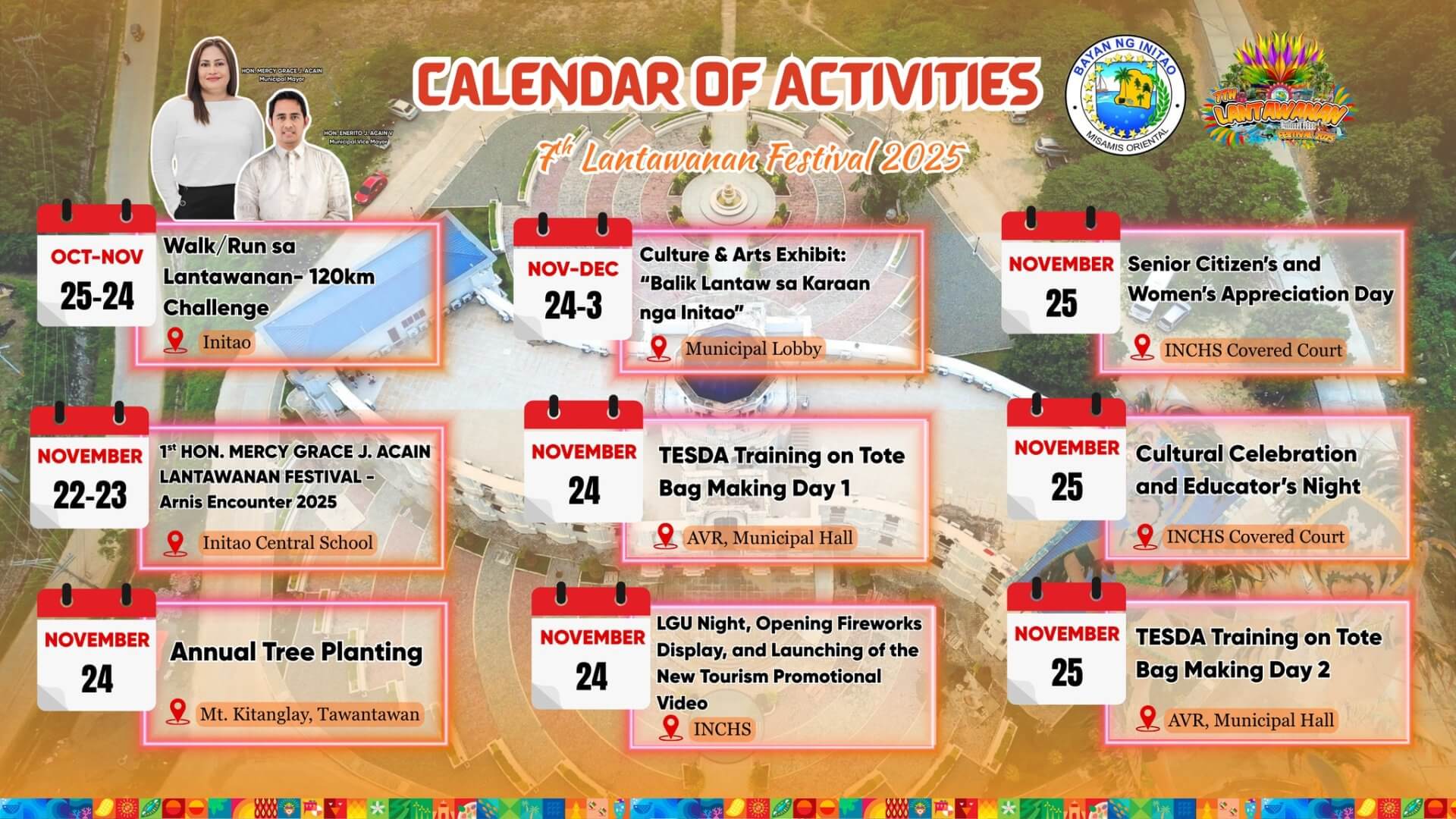 colorful festival schedule with dates, events, and photos of officials over a town aerial background.
