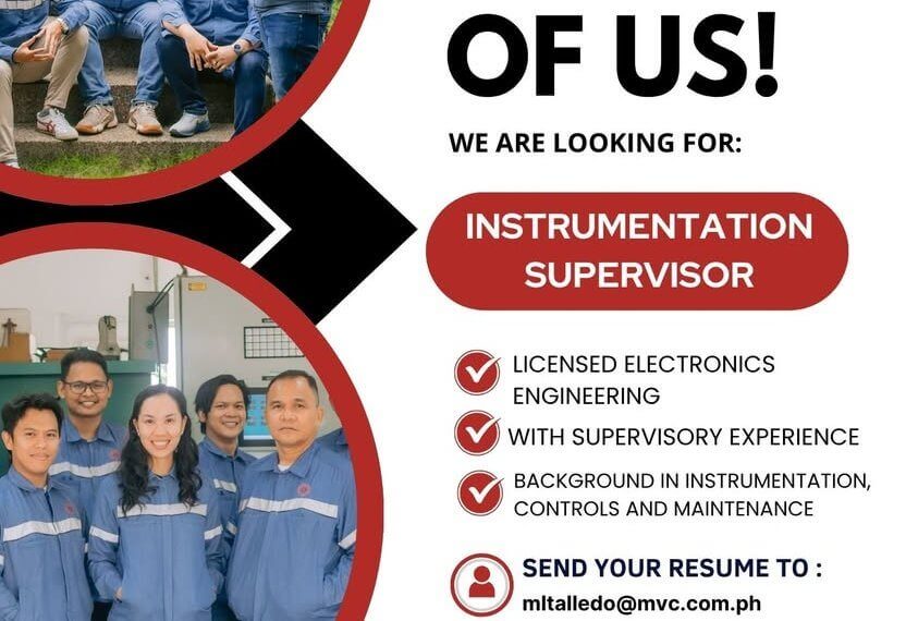 job recruitment poster for instrumentation supervisor with group photos of workers in blue uniforms.