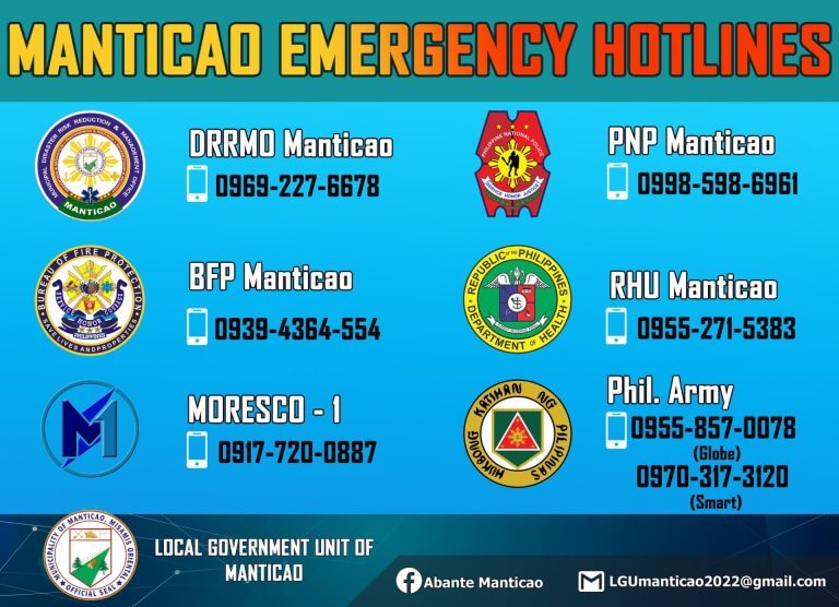 a list of manticao emergency contacts with logos, agency names, and hotlines on a colorful background.