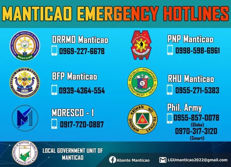 a list of manticao emergency contacts with logos, agency names, and hotlines on a colorful background.