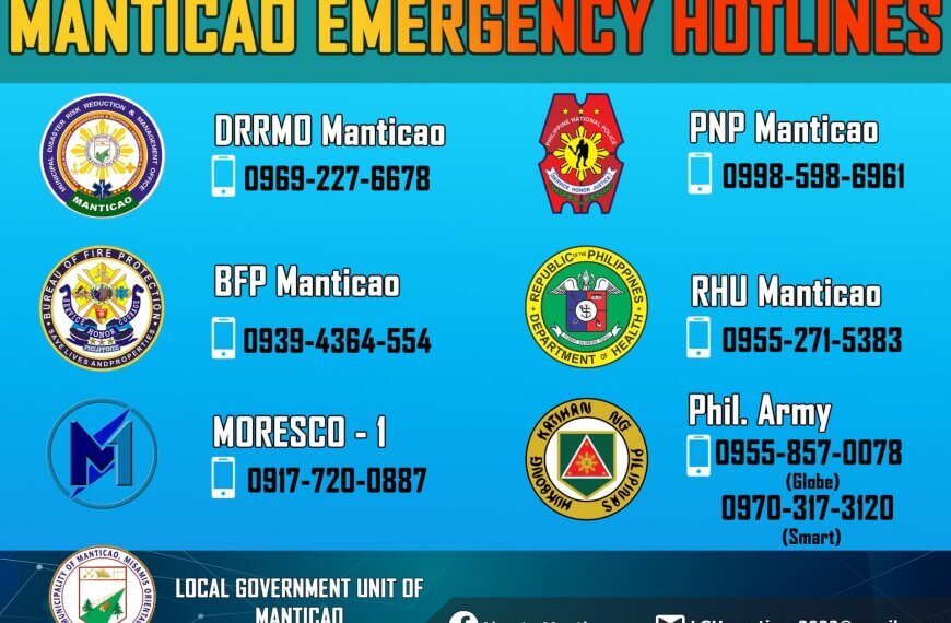 a list of manticao emergency contacts with logos, agency names, and hotlines on a colorful background.