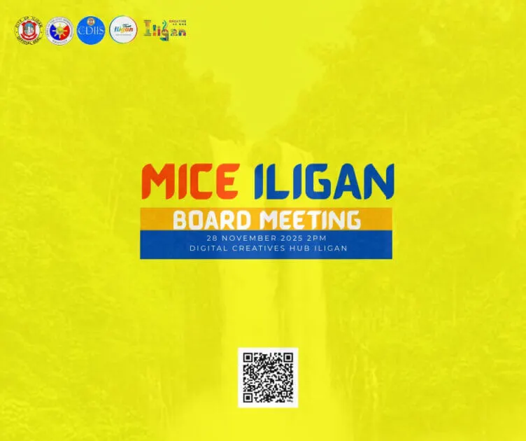 yellow poster for mice iligan board meeting, 28 nov 2023, 2pm at digital creatives hub—explore business tourism.