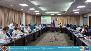a large formal meeting on house bill 3595 is held in a conference room, with minda officials at a u shaped table.