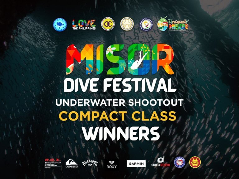 colorful misor dive festival underwater shootout compact class winners text over a dark underwater fish background.