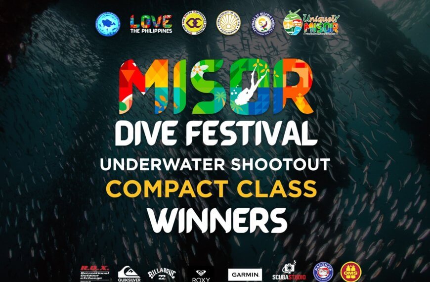 colorful misor dive festival underwater shootout compact class winners text over a dark underwater fish background.