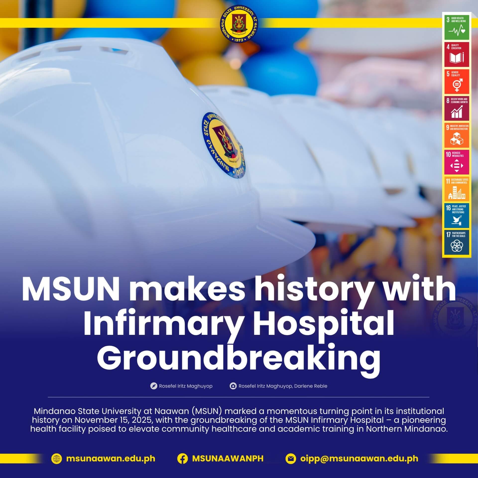 white hard hats with msu naawan logo are lined up for the northern mindanao msun infirmary hospital groundbreaking.