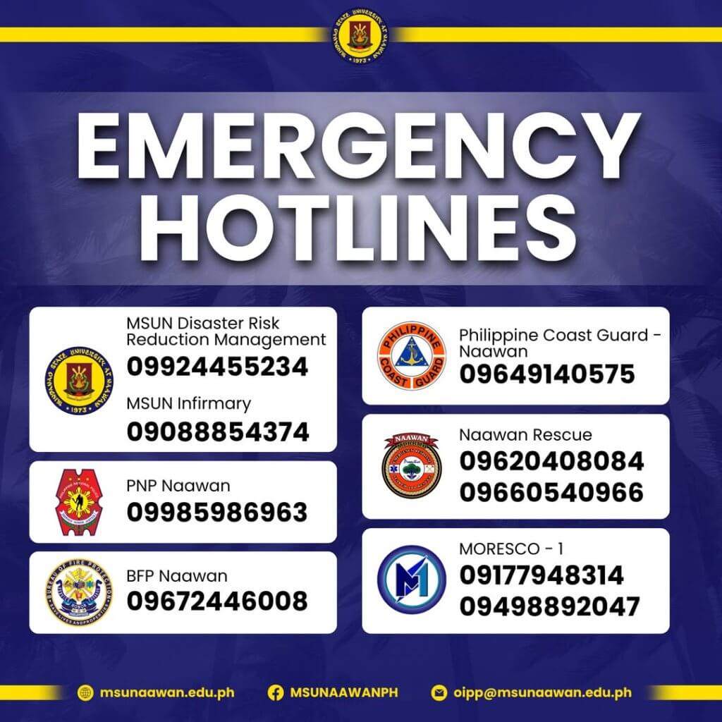 naawan emergency hotlines list with organization names, logos, and phone numbers on a blue and white background.