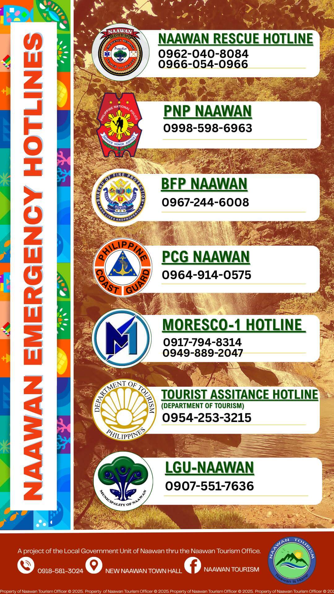colorful vertical infographic listing naawan, philippines emergency hotlines with icons and phone numbers.