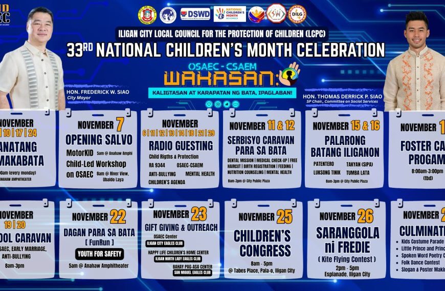 event poster listing dates and details for the 33rd national children’s month celebration in iligan city.