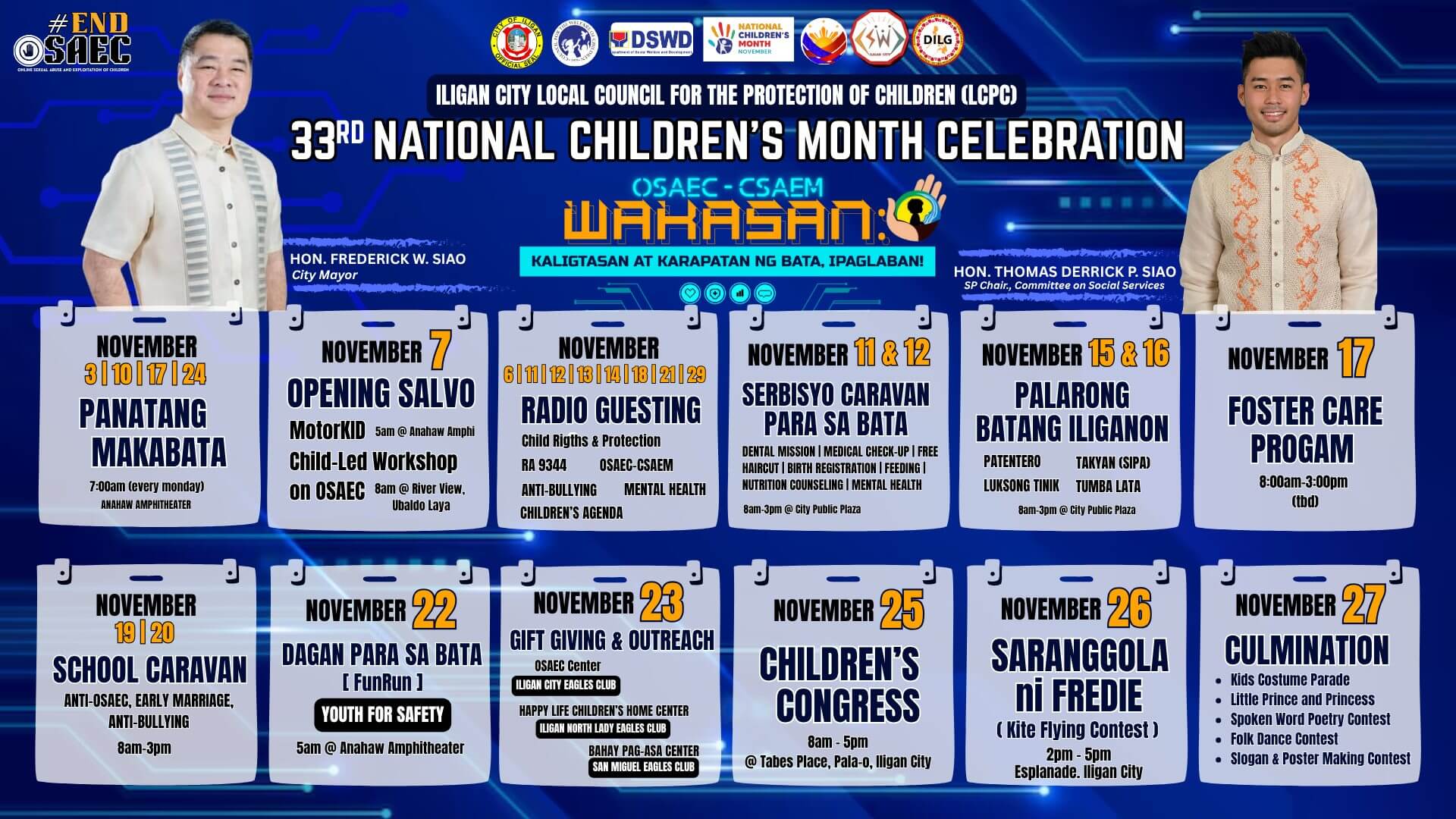 event poster listing dates and details for the 33rd national children’s month celebration in iligan city.