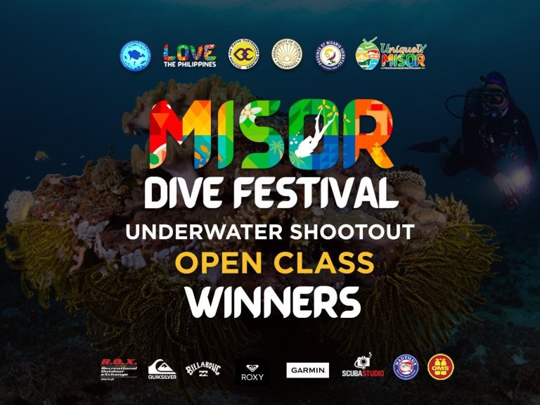 colorful poster for the misor dive festival underwater shootout open class winners, with a coral reef background.