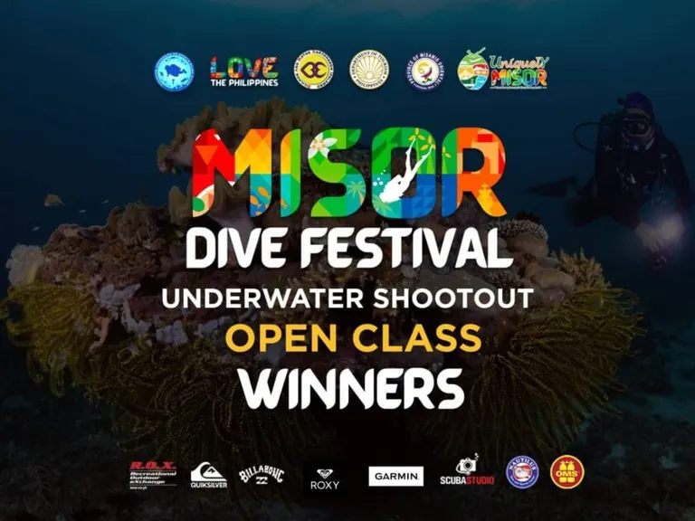 colorful poster for the misor dive festival underwater shootout open winners, with a coral reef background.