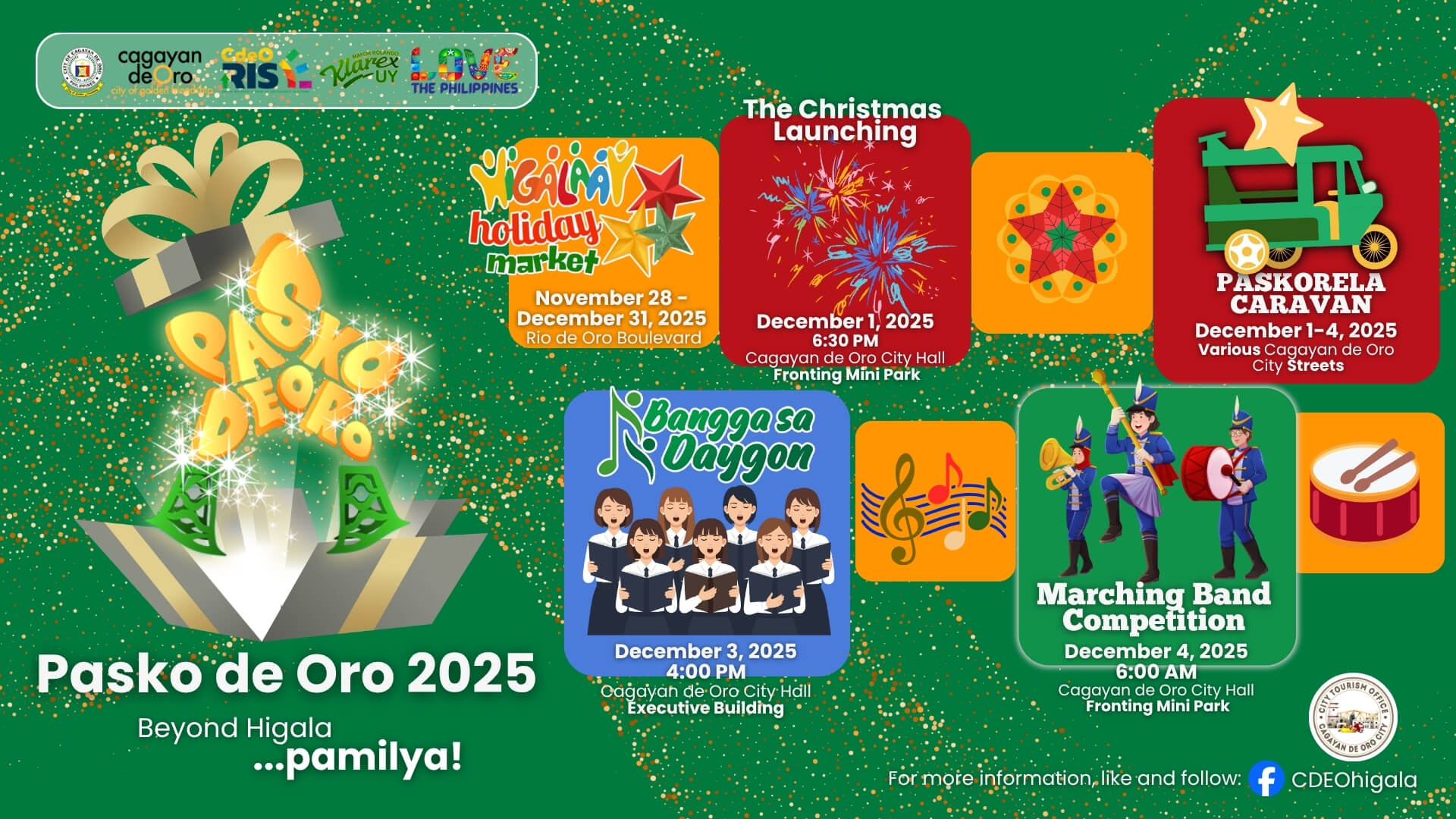 colorful pasko de oro 2025 event poster with a gift box and festive calendar details in cagayan de oro.