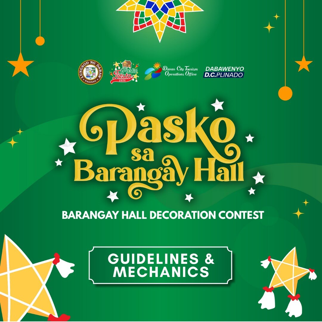 green poster with stars, lanterns, and text for a barangay hall christmas decoration contest guidelines.