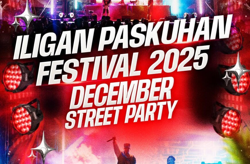 concert stage with colorful lights and crowd, promoting iligan paskuhan festival 2025 december street party.