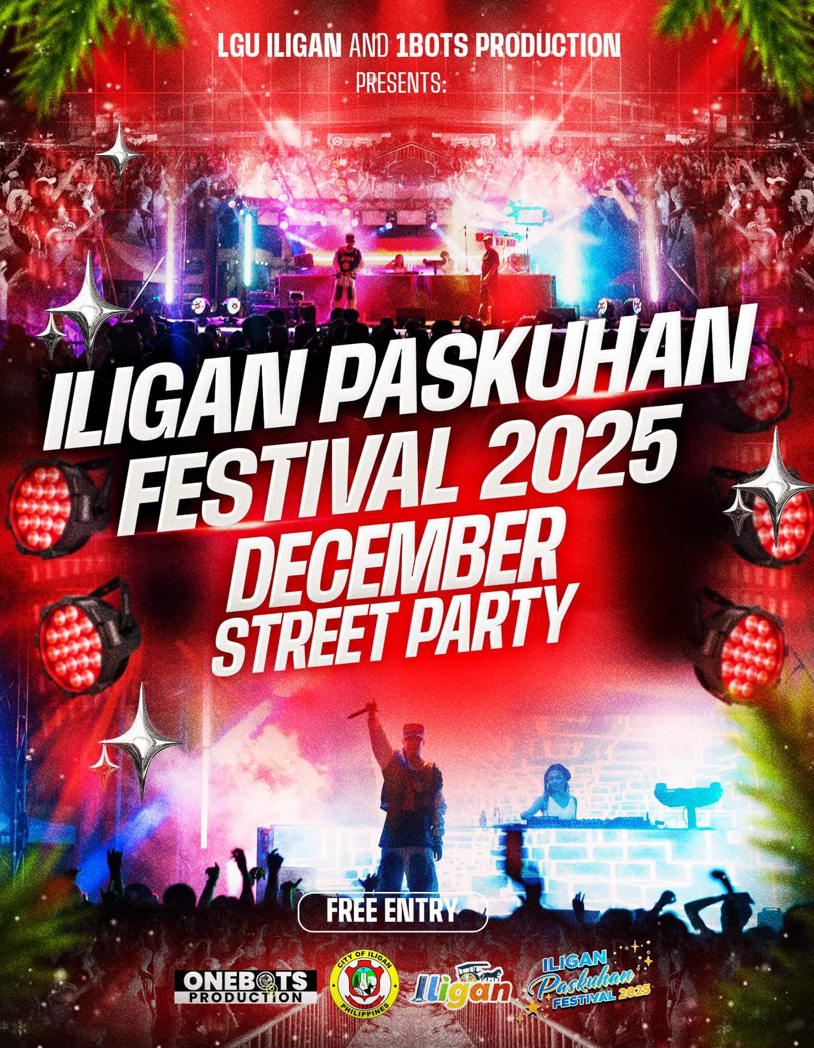 concert stage with colorful lights and crowd, promoting iligan paskuhan festival 2025 december street party.
