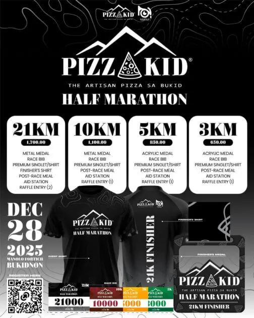 black and white pizzakid run 2025 poster shows race details, prizes, shirts, medals & event date: dec 28, bukidnon.