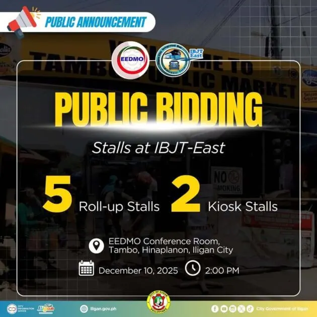 public bidding iligan: 5 roll up and 2 ibjt kiosk stalls at ibjt east, iligan city on dec 10, 2025.