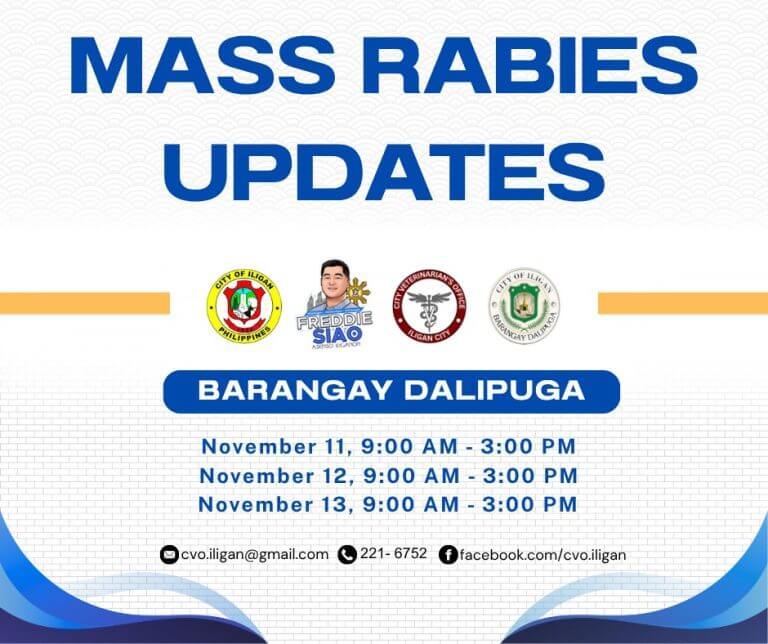poster announcing free rabies shots for iligan pet owners in barangay dalipuga with dates, times, and contacts.